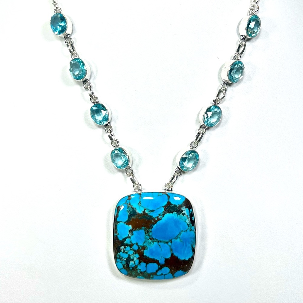 Turquoise Blue Topaz 925 Large Stone Gemstone Necklace